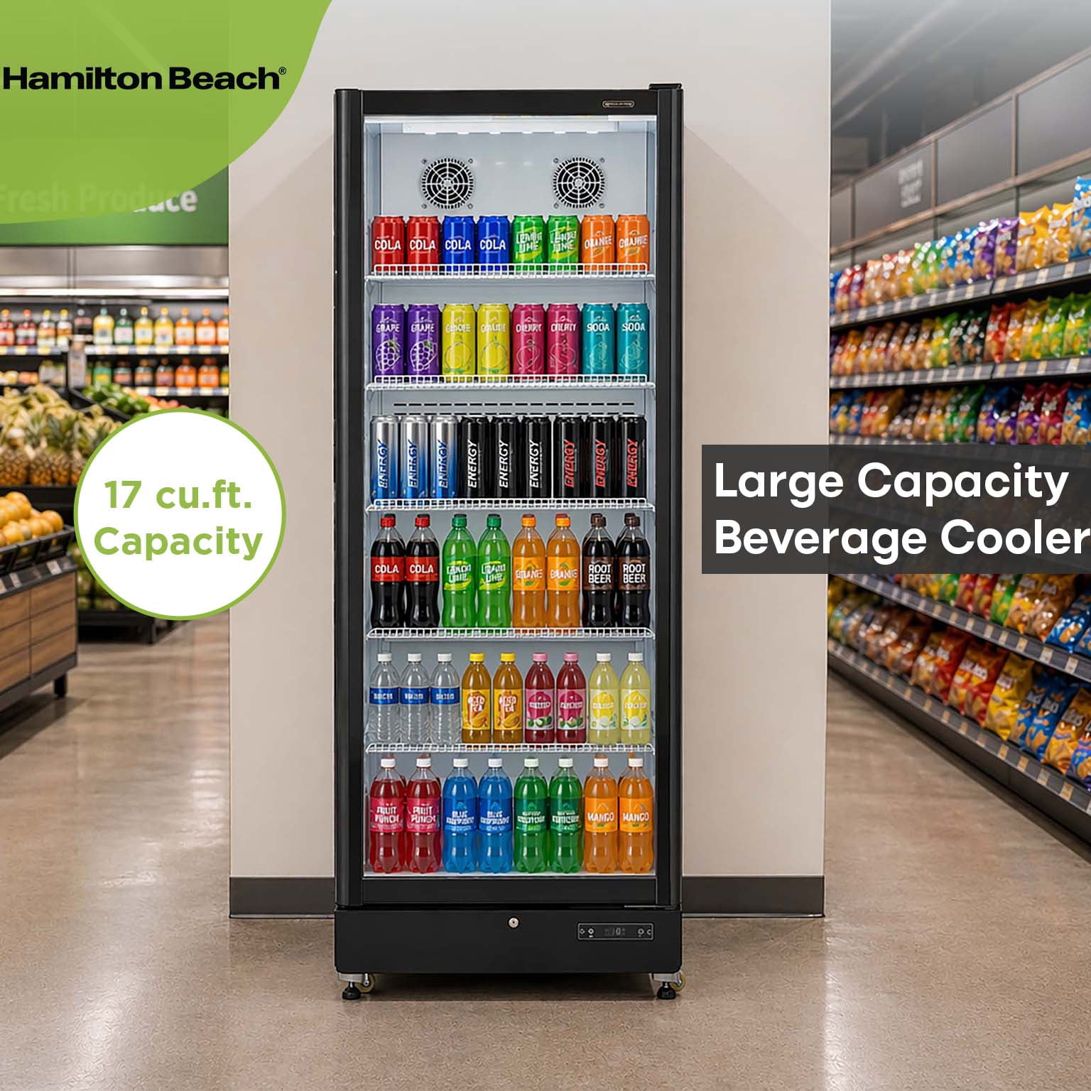 Hamilton Beach 17 cu. ft. Commercial Glass Door Display Fridge, Frost-Free Beverage Refrigerator with LED Lighting, Adjustable Shelves, Digital Temperature Control
