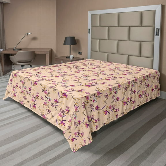 Ambesonne Floral Flat Sheet, Delicate Exotic Flowers, California King, Dark Magenta Pale Peach
