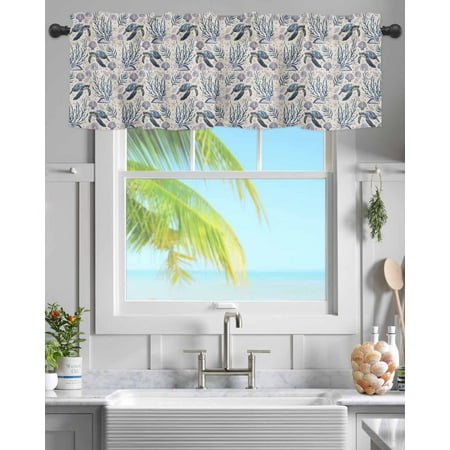 Rod Pocket Window Valances Sea Turtle Shell Coral on Linen Short Kitchen Curtains Summer Beach Marine Window Treatment Drapes for Bedroom Bathroom Living Room 60x18In 1 Panel