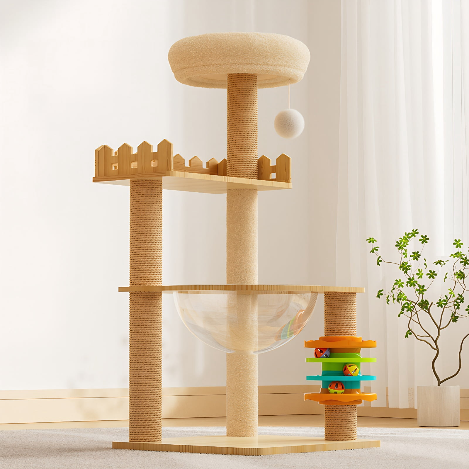 39.3 Inch Modern Wood Cat Tower, Indoor Cat Tree with Sisal Scratching Posts, Top Perch, Acrylic Hammock & Toys, Stable Cat Condo for Small and Large Cats
