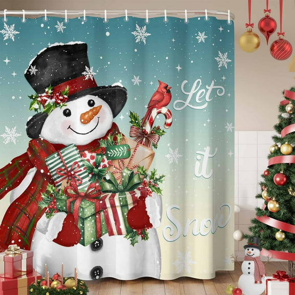 Teal Snowman Christmas Shower Curtain, Xmas Snowflake Winter Gifts Waterproof Fabric Shower Curtains with 12 Hooks, Bathroom Curtain Set for Bathroom Accessories Decor, 72 x 96 Inches