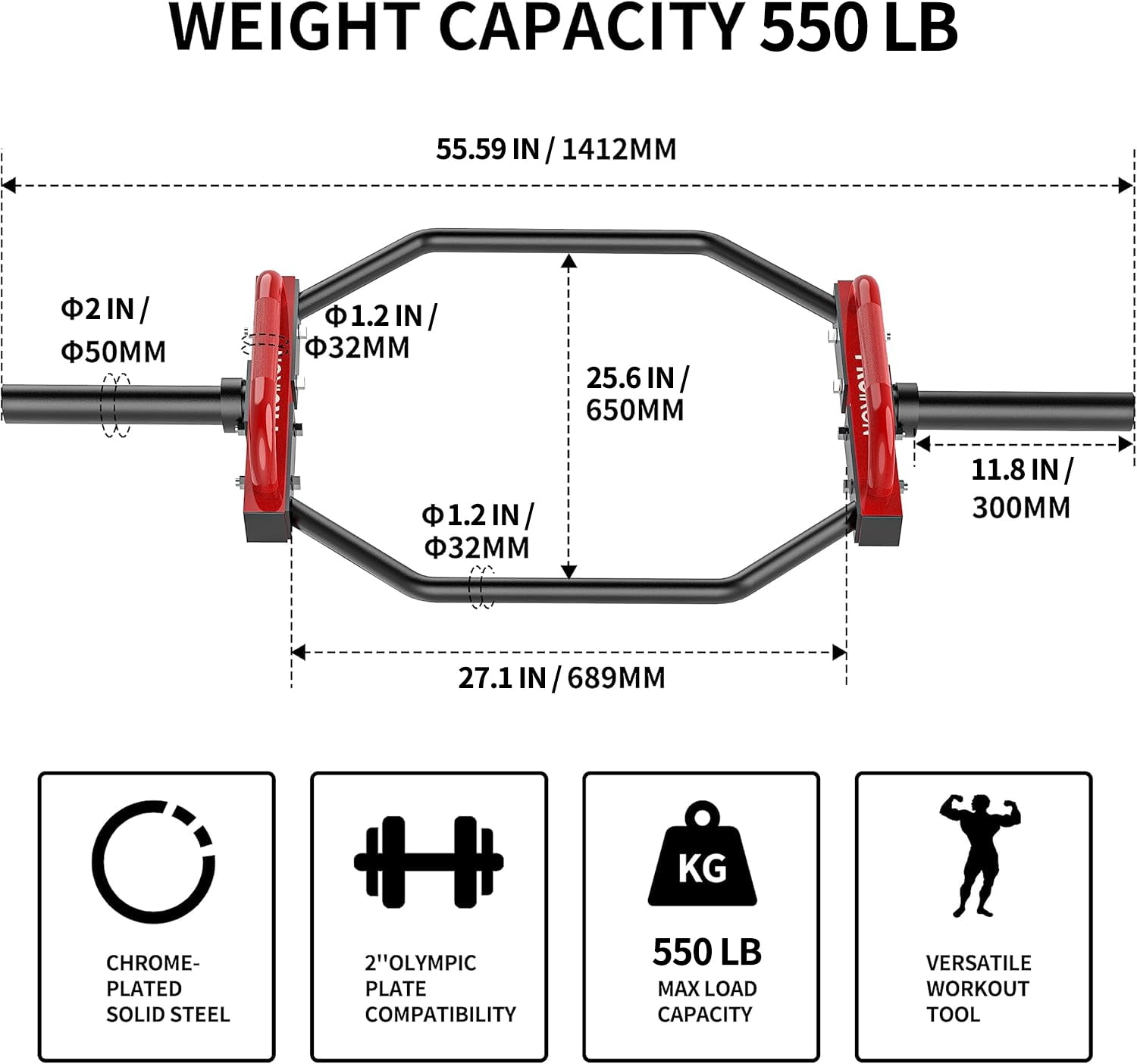 PROIRON 2" Olympic Trap Bar, Full Steel, Heavy Duty 550lb Capacity for Deadlift, Squat