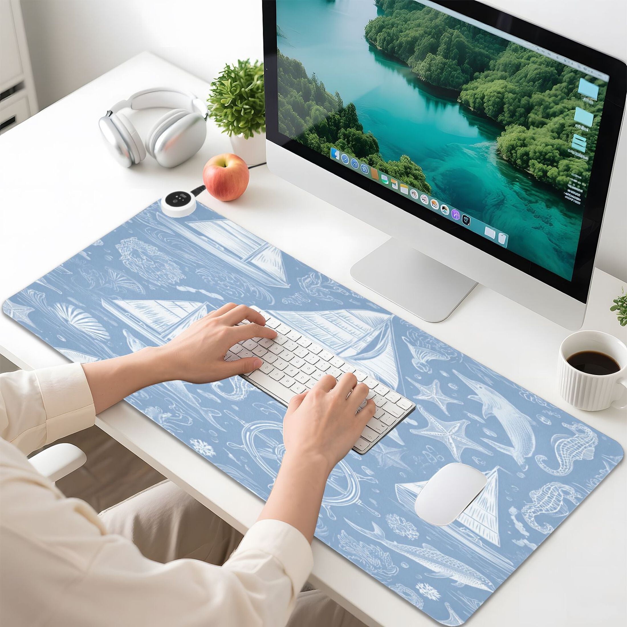Large Heated Desk Mat Mouse Pad 31.5"x13"PU Leather Graphene Heating Desk Warmer with 3 Temperature Settings 110V US Plug Non-Slip Warm Pad for Home, Office, and Gaming Blue Nautical Style Pattern