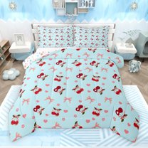 Feelyou Kawaii Blue Ribbon Queen Comforter Set for Teen, Cartoon Blossoms Cherry Bedding Sets, Kawaii Love Heart Reversible Bedding Comforter Set, Luxury Bedroom Decor, 3pcs