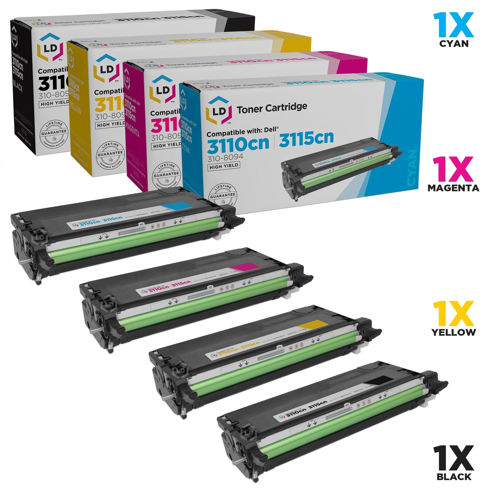 Set of 4 High Yield Black Cyan Magenta Yellow Toner for Dell 3110 3110cn 3115cn