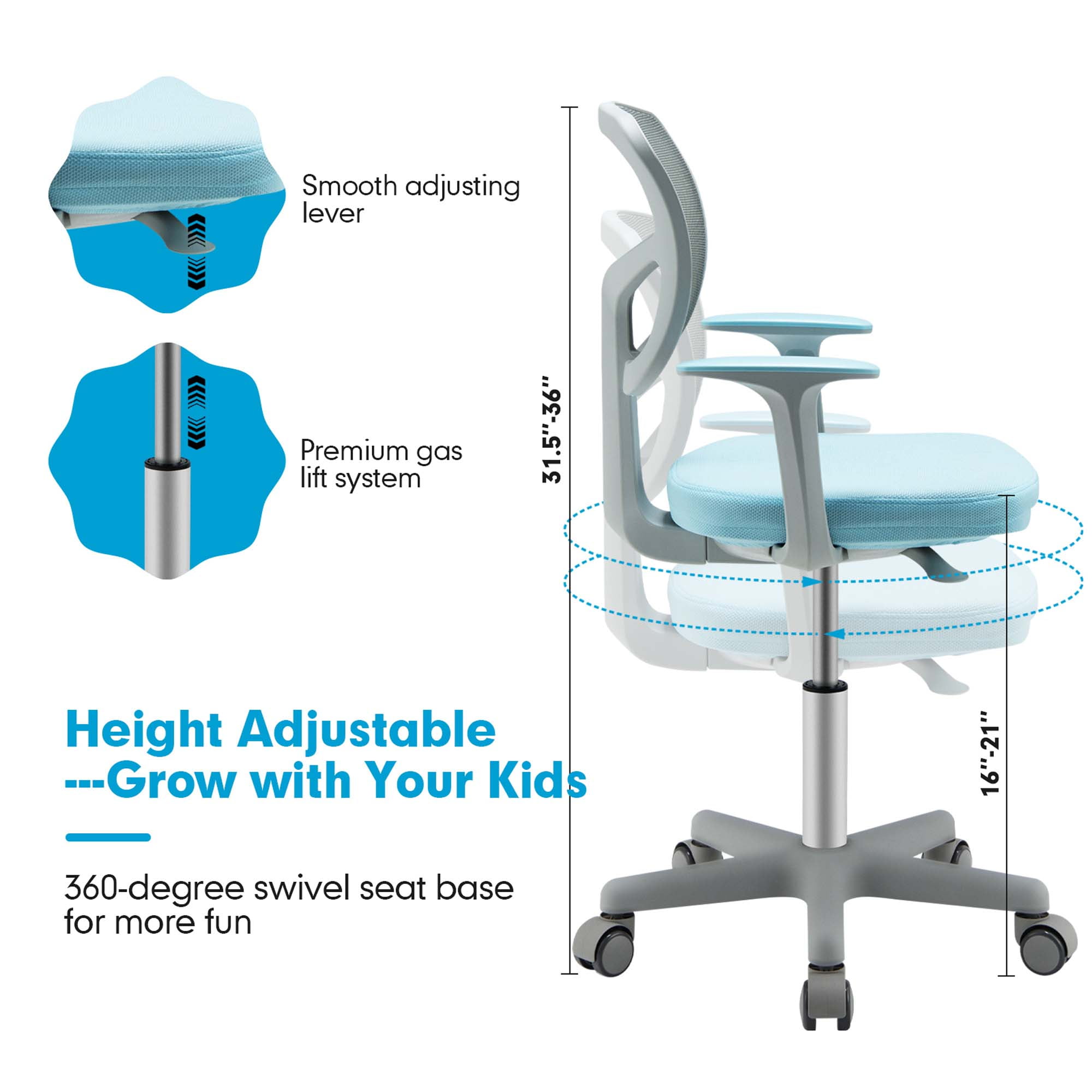 Costway Auto Lock Kids Mesh Chair with Armrests Height Adjustable 360-Degree Swivel Blue