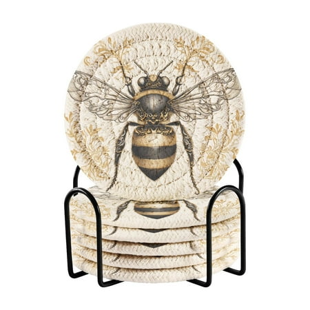 

6 Pcs Drink Coasters with Holder Absorbent Coasters Minimalist Home Decor Coaster Set Stylish Handmade Round Woven Coaster for Drinks Table Desk Protection Bee with Ornate Patterns