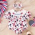 thumbnail image 2 of Xudanell Newborn Baby Girl 4th of July Outfit Flag Bubble Short Sleeved Romper and Hairband My First Fourth of July Baby Outfits Girl White 0-3 Months, 2 of 9