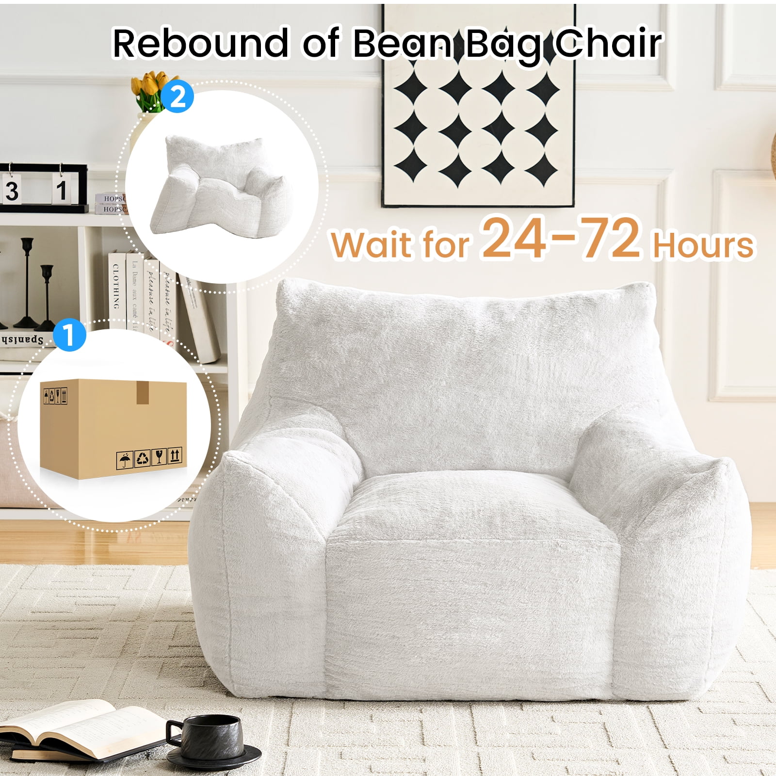 BALUS 42" Faux Fur Bean Bag Chair with 22" Ottoman and Armrests, Giant Bean Bag Chair for Adults, Comfy Chair with Armrests for Bedroom, White