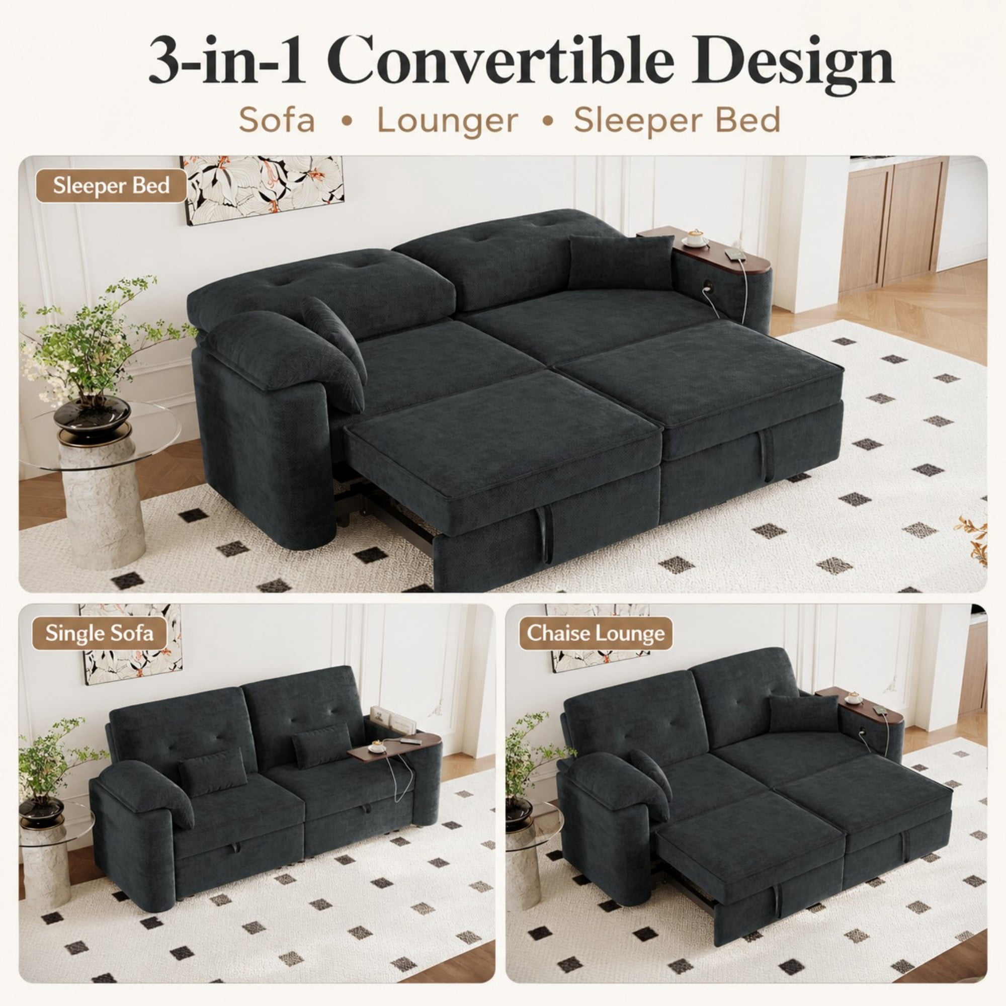DEALTOPS 82" Chenille 3-in-1 Convertible Sleeper Sofa Bed with 270° Swivel Table & USB Ports, Black