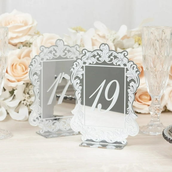 BalsaCircle Silver 11 -20 Acrylic Mirror Arch with White Baroque Lace Print Wedding Table Signs Party Reception Event Tabletop Decorations Supplies