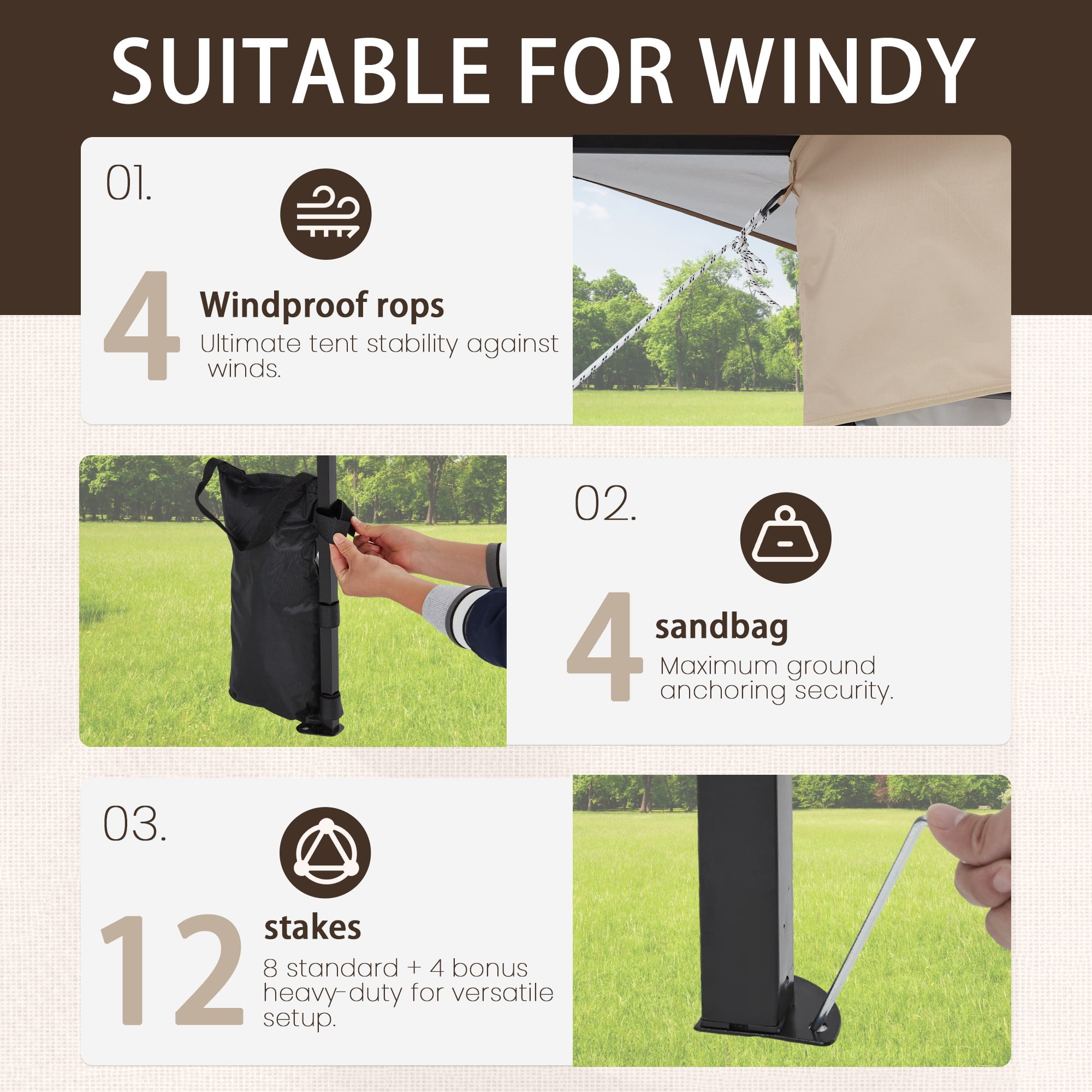 Bezseller 11x11 Pop up Gazebo, Outdoor Waterproof Canopy Tent with Mosquito Netting for Outdoors, Khaki