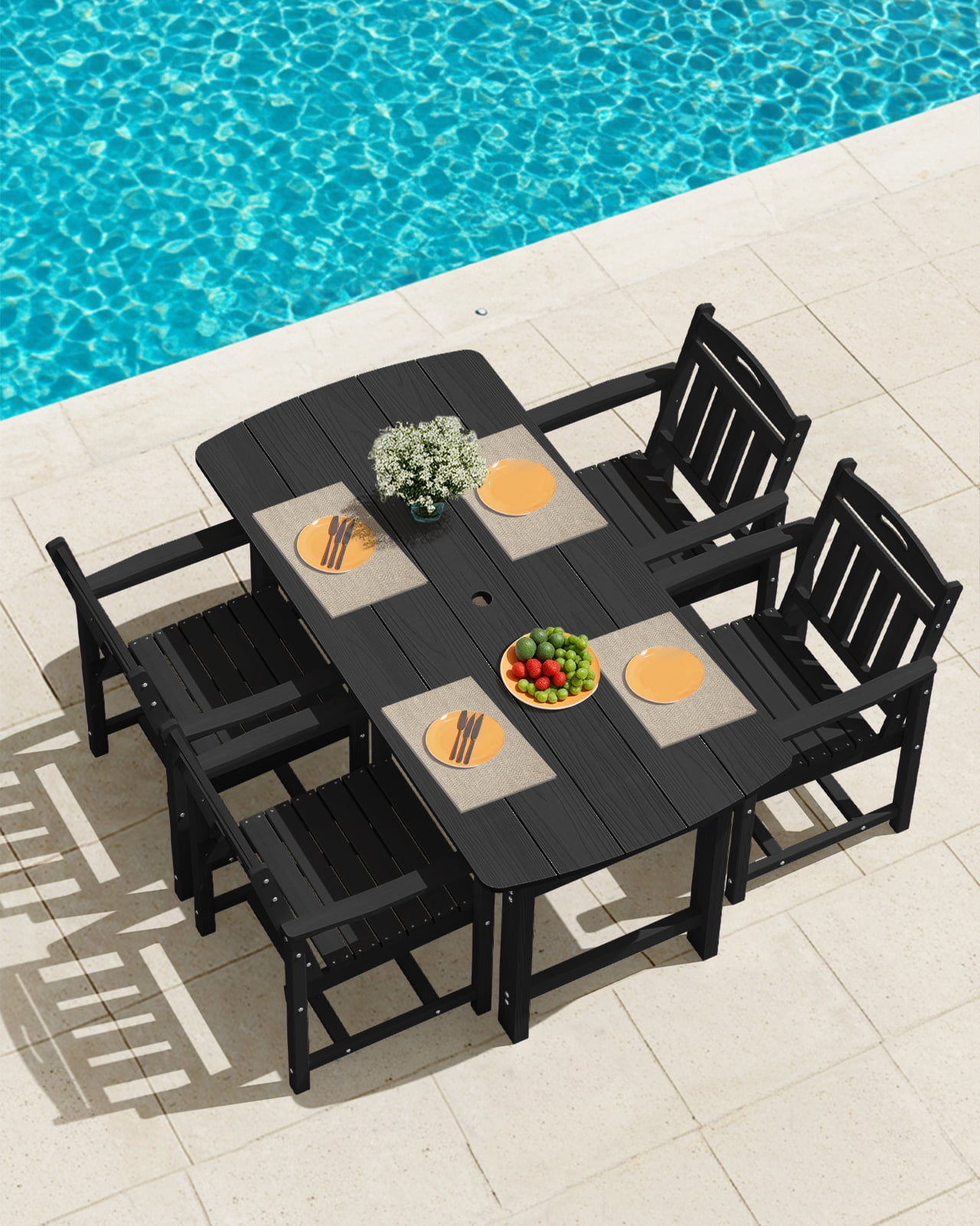 Harbweb 6-Person Weather Resistant Patio Dining Table with Umbrella Hole, Black