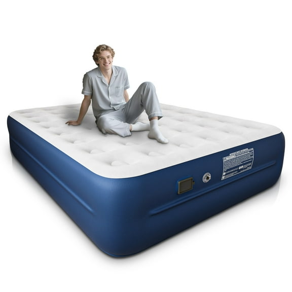 Queen Air Mattress,18-Inch Inflatable Bed with Built-in Pump, Top Plush Velvet Material Air Bed,3Minute Quick Inflation/Deflation,Suitable for Camping& Guests& Home,Blue