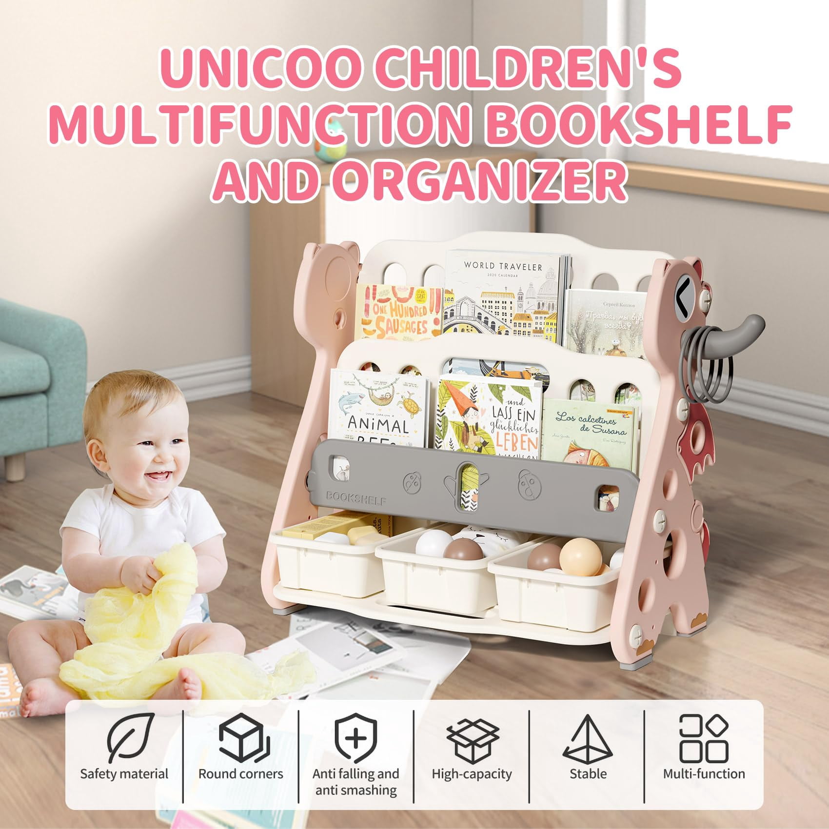 UNICOO® Kids Baby Dragon 2 Tier Bookshelf with 3 Toy Storage Bins, Children Bookshelf & Toy Organizer (Pink)