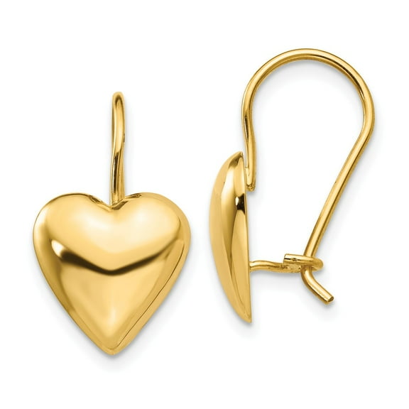 Real 14kt Yellow Gold Polished 11.5mm Puffed Heart Kidney Wire Earrings; for Adults and Teens; for Women and Men