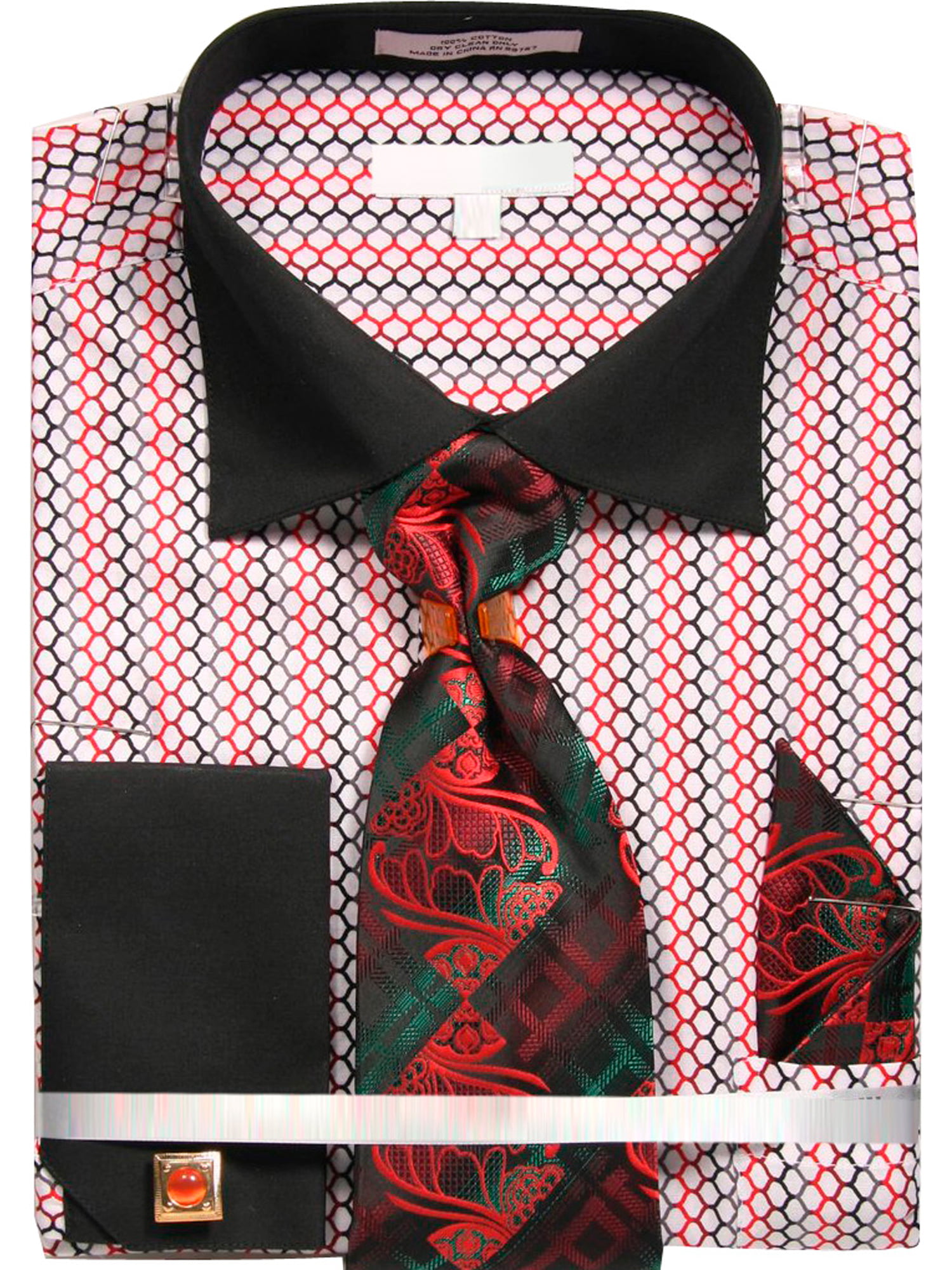 Men's Printed Honeycomb French Cuff Shirt with Tie Handkerchief ...