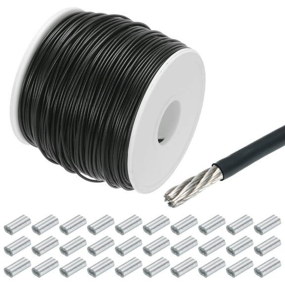 328Ft(100M) Wire Rope 304 Stainless Steel Cable 3/64" (1.2 mm) Vinyl Coated with 30Pcs Aluminum Sleeves Black
