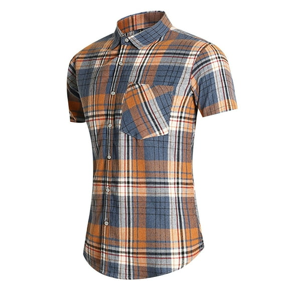 Quealent Big And Tall Shirts For Men Spring And Summer Mens Plaid Shirt Trend Large Size Young Handsome Short Sleeved Shirt,Yellow X-Large