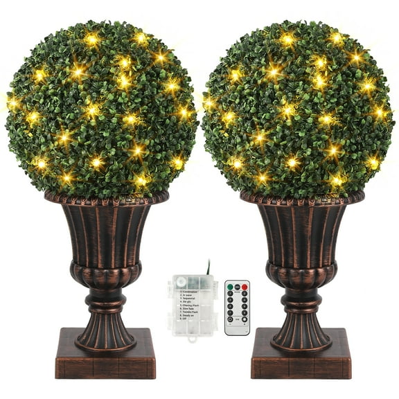 16” Artificial Plant Topiary Ball, Pre-Lit Artificial Topiary Plant with Lights, Timer and Remote Control, Artificial Outdoor Porch Trees with Red Urn Base for Outdoor Indoor，RED-2pcs