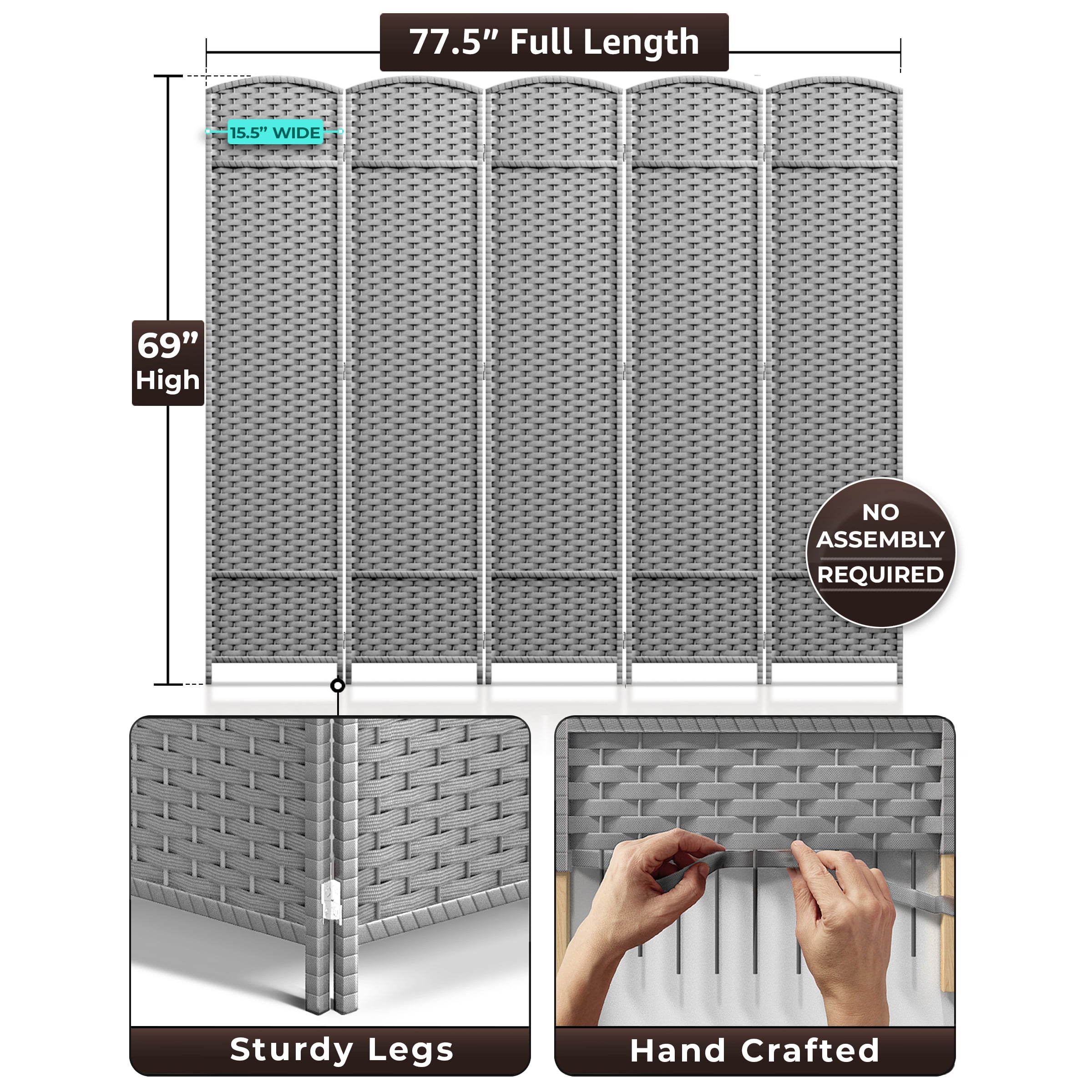 Sorbus 5-Panel Wide Folding Room Divider Privacy Screen, Hand-Woven Lt. Gray Mesh