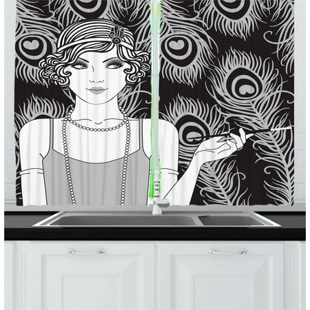 Short Curtains For Living Room Pin up Girl Curtains 2 Panels Set, Retro Style Party Concept and a Teenage Short Haired Teenage Girl, Window Drapes for Living Room Bedroom, 55W X 39L Inches, Grey Pale Grey and Black, by Ambesonne ()
