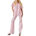 thumbnail image 1 of VISgogo, traje de 2 uds con pantalones para mujer, blusa con solapa abotonada de manga corta estampada, pantalones largos sueltos con cintura de tirantes, ropa informal de verano para mujer VISgogo  moda, 1 of 9