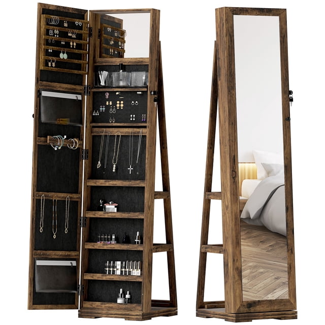 Rustic Brown 360° Swivel Jewelry Armoire with Lock & Full-Length Mirror – Storage Cabinet for Bedroom, Entryway, Living Room Organization