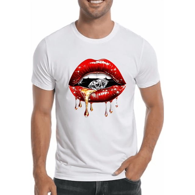 Camiseta negra de algodón para hombre con estampado de labios rojos y rombos. Camiseta informal de verano para uso diario, lavable a máquina, cuello redondo, manga corta, ideal para actividades al air