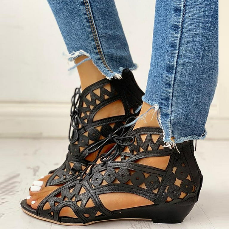 Womens Gladiator Sandals Wedge Heels Open Toe Leather Hollow Out High Top  Shoes