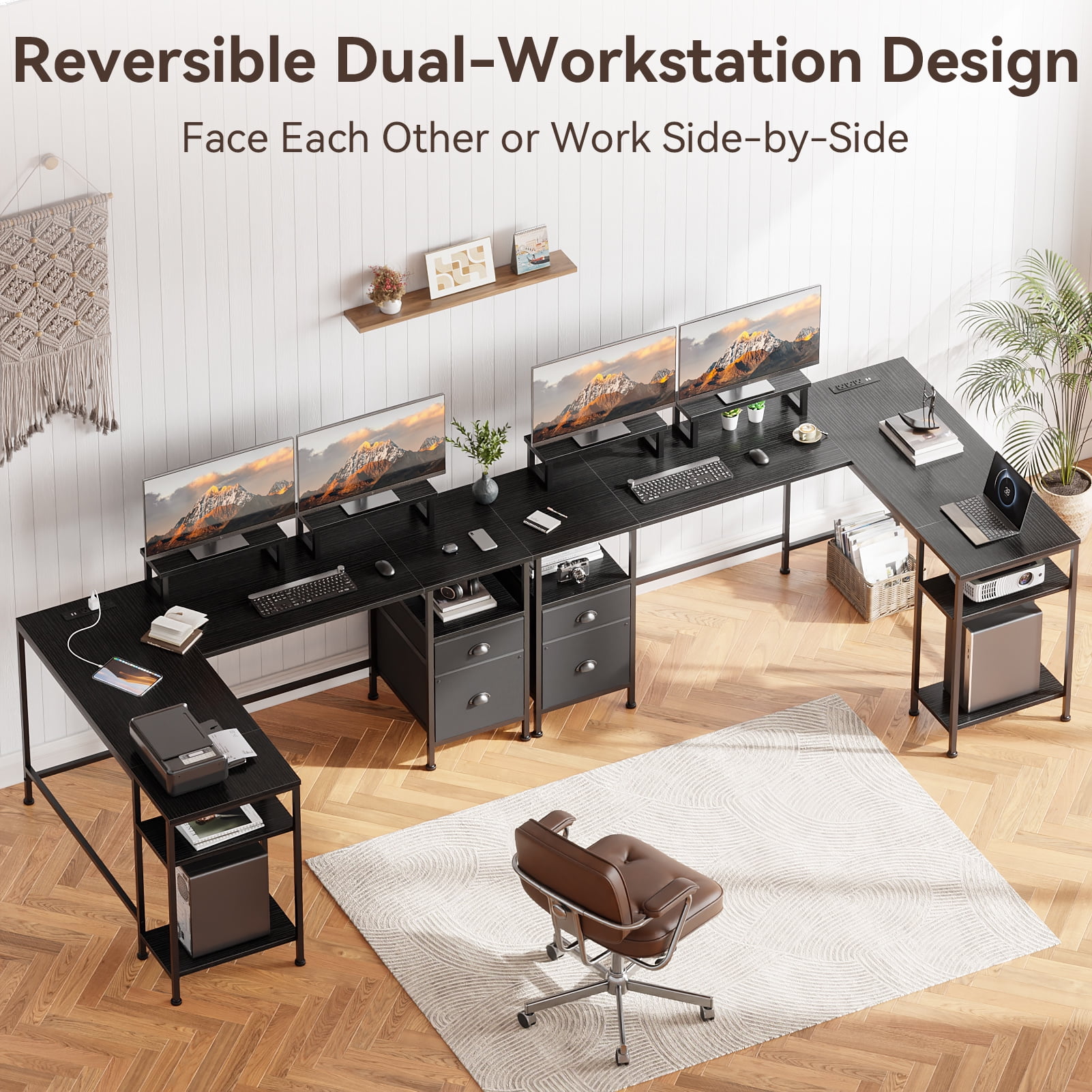 Satifur Computer Desk 65" L-Shaped, Corner Desk with Power Outlet, Reversible Gaming Desk, Black