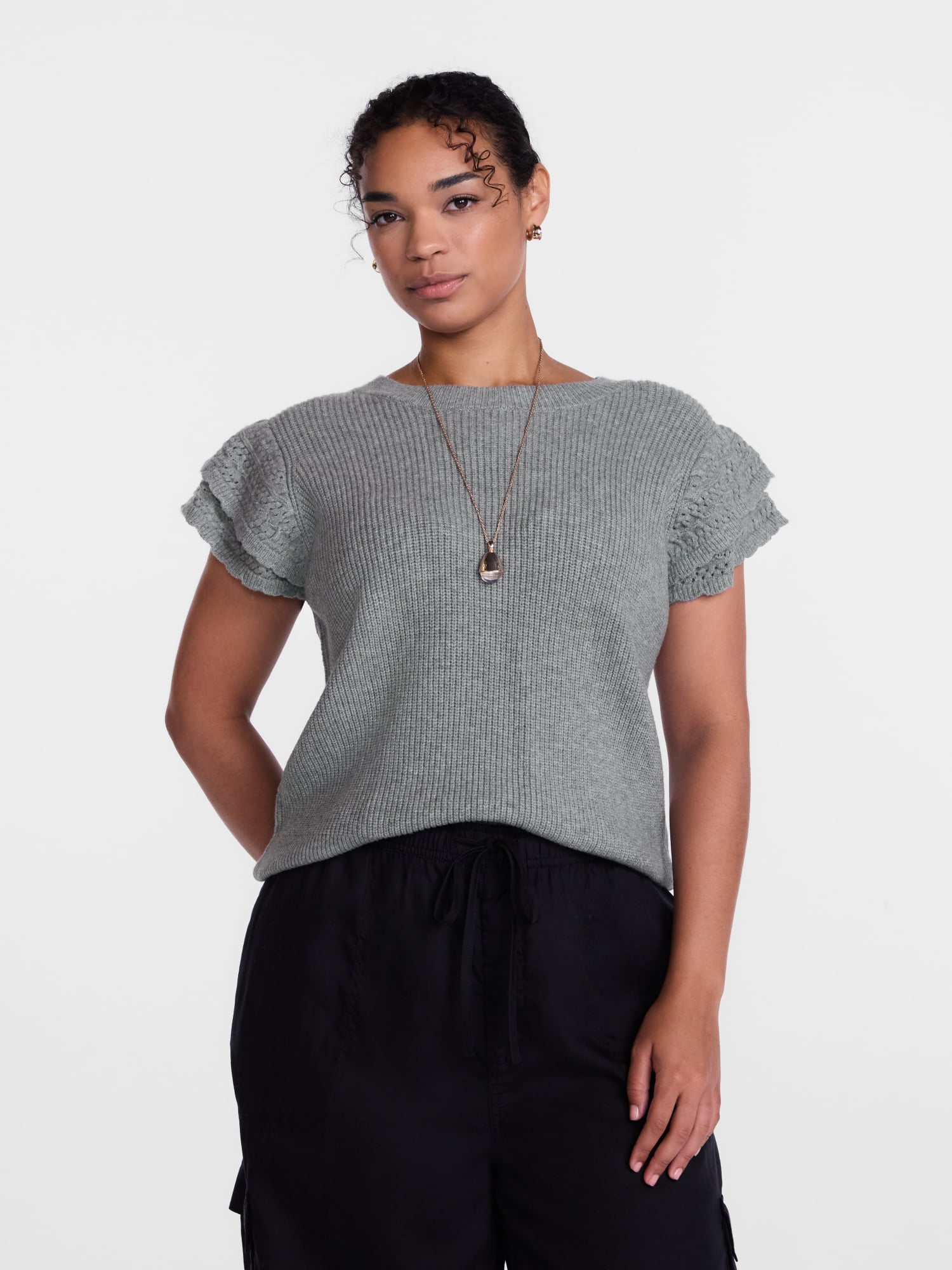 Scenario Women's Sweater with Flutter Sleeves, Lightweight, Sizes XS-XXXL