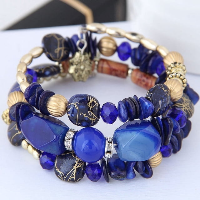 Nvzi Pulseras de cuentas irregulares multicapa con dijes de flores, estilo retro de verano, joyería étnica, azul oscuro