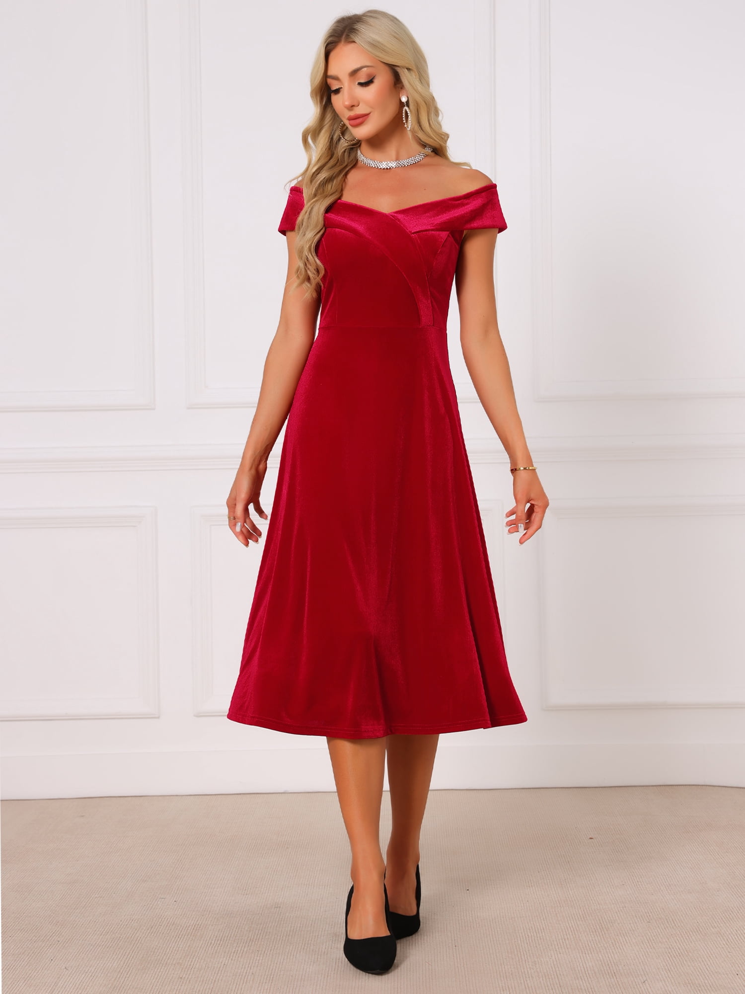DARING DIVA Women's Velvet Off the Shoulder Cocktail A-Line Dress M Red