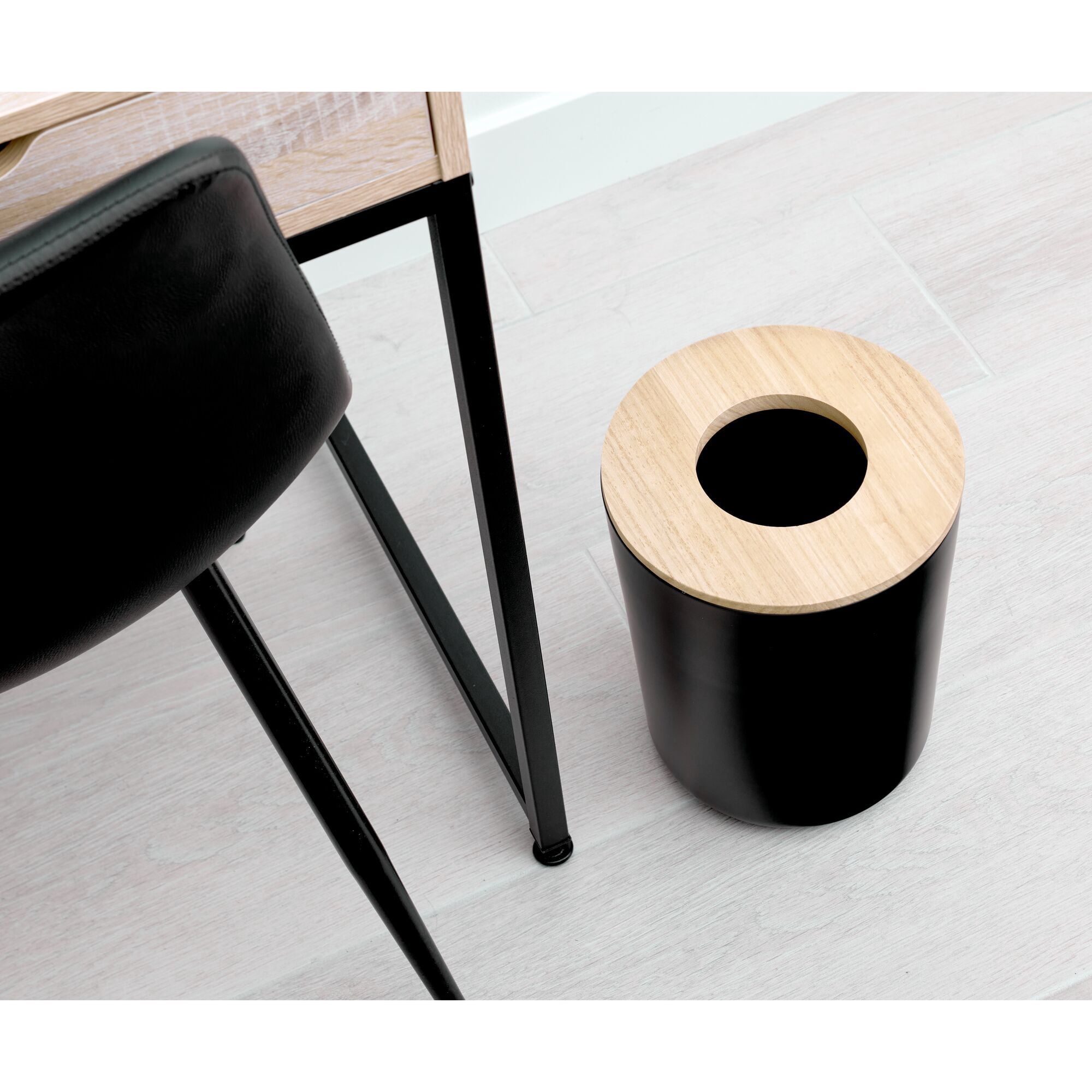 iDesign Bathroom Vanity Trash Can, 2.2 Gallon Round Steel and Wood Lid Garbage Bin, Black