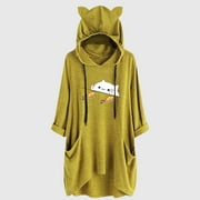 sebulube Women's Ear Hat Mid-length Blouse Mid-sleeve Cute Printed Hooded Loose Top