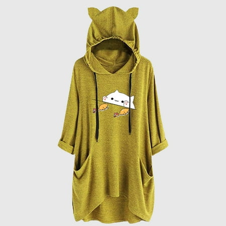 sebulube Women's Ear Hat Mid-length Blouse Mid-sleeve Cute Printed Hooded Loose Top