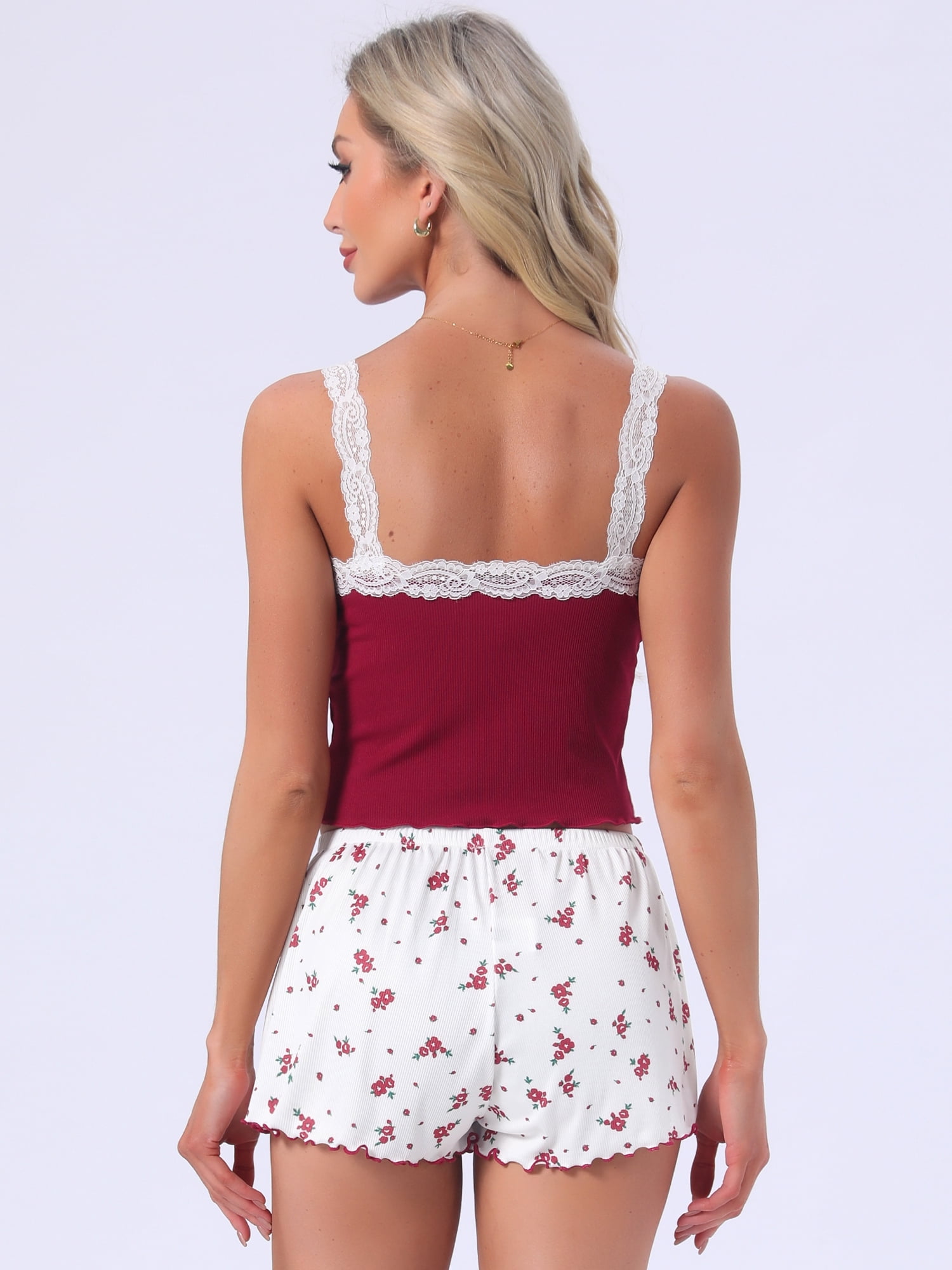 DARING DIVA Women's 2-Piece Pajama Set Lace Tops Sleeveless Floral Shorts 2XL Red