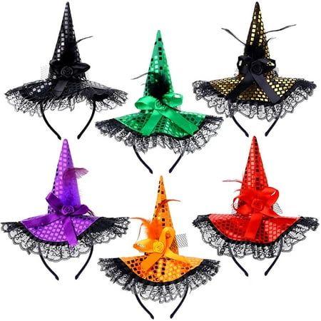 APPIE 6 Pack Halloween Witch Hat Headbands with lace design for