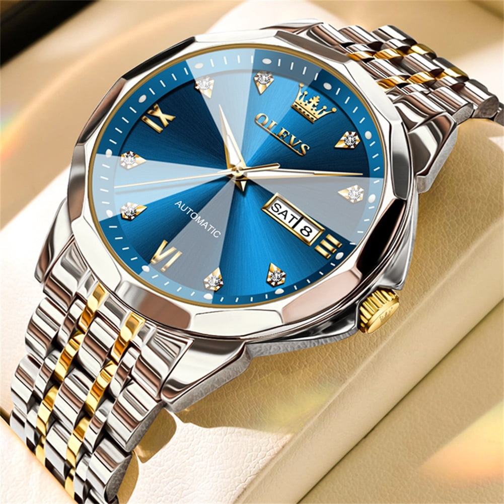 OLEVS Automatic Watches for Men Self Winding Mechanical Luxury Dress Stainless Steel Two Tone Strap Diamond Waterproof Luminous Date Mens Wrist Watches Reloj Para Hombre Black/Blue/Gold/White