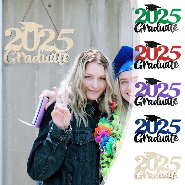 Cartel de madera para fiesta de graduación 2025 | Decoración de pared para graduación | Colgante para celebración de fin de semestre | Madera duradera | 11.81x7.09in | Blanco, púrpura, azul, verde