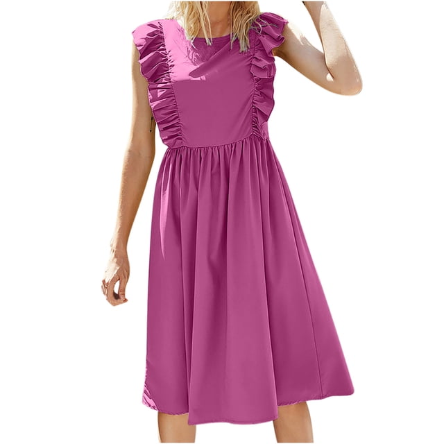 Robe à Manches à Volants pour Femmes, Col Rond, Décontractée, Jupe Ample, Unie, Sans Manches, à Volants, Robe Longuette