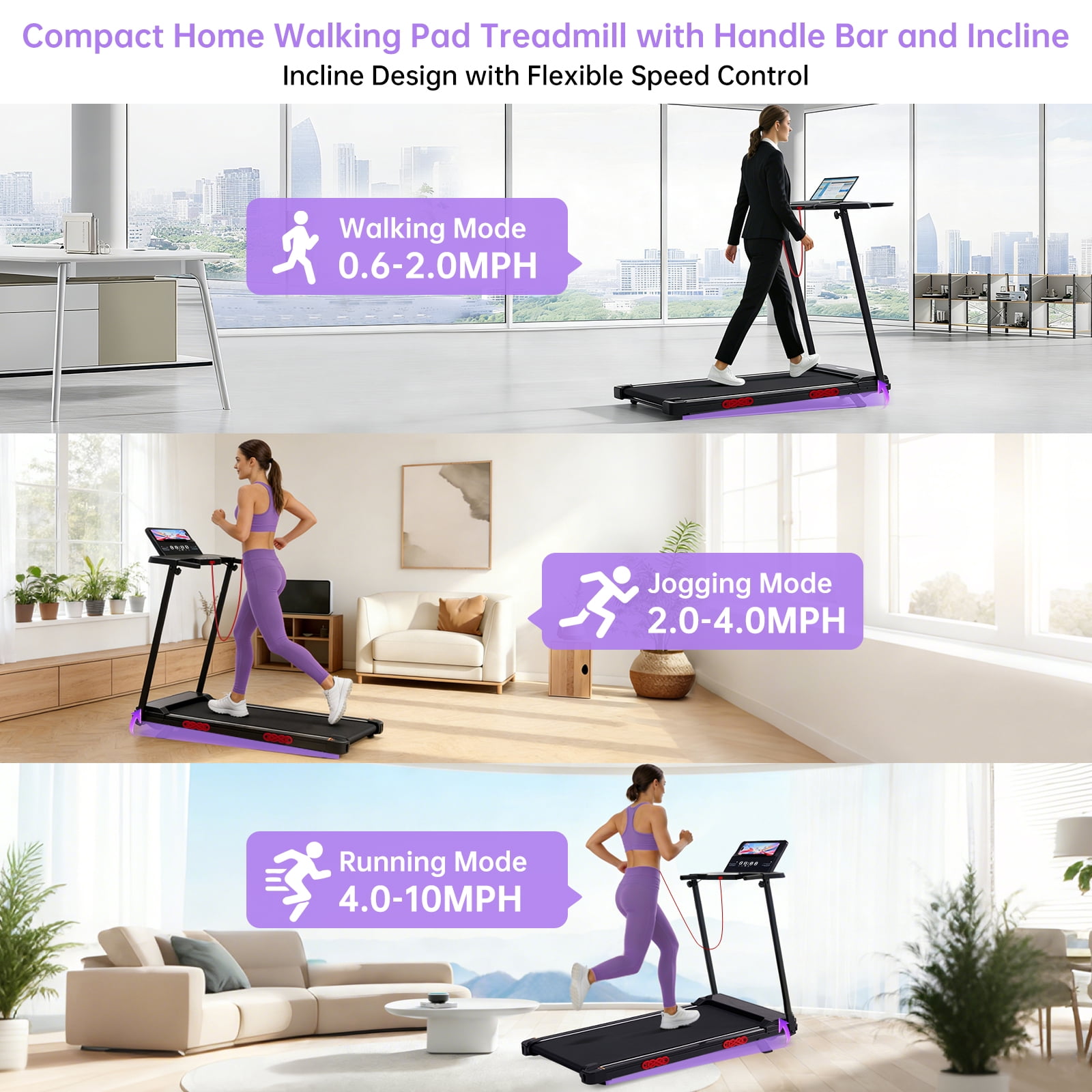 KASSADIN Electric Small Treadmills for Home Small, 3.5HP Walking Pad Treadmill with Handle Bar and Incline, 0.6-10MPH Portable Mini Treadmills for Home Exercising, 400LBS, 12 Preset Programs