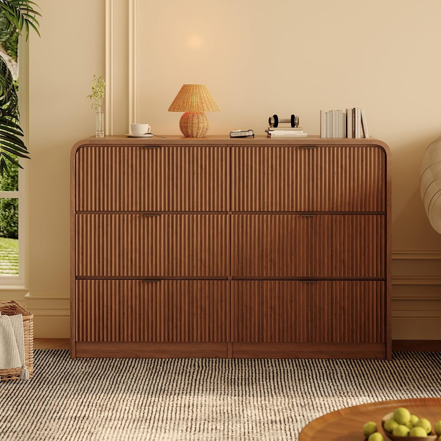 Fluted 6-Drawer Tall Dresser, Walnut Wood Deep Chest with Rounded Edge for Bedroom, Living Room, Hallway