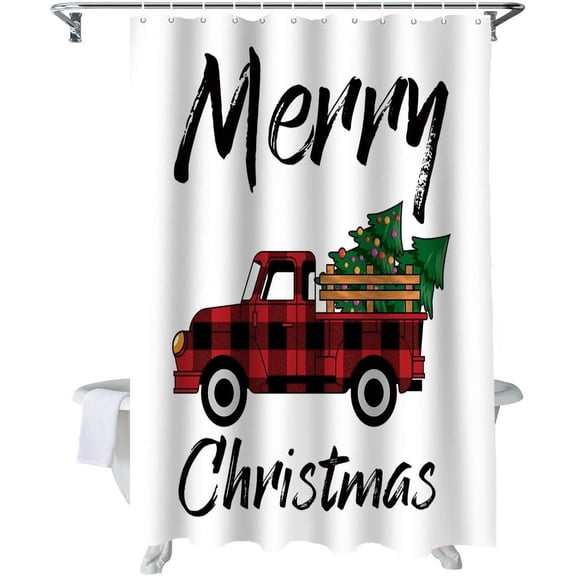 Merry Christmas Fabric Shower Curtain, Farm Truck Buffalo Plaid Shower Curtains for Bathroom, Xmas Tree Polyester Shower Curtain Set with Hooks, 72" x 84", Red/Black