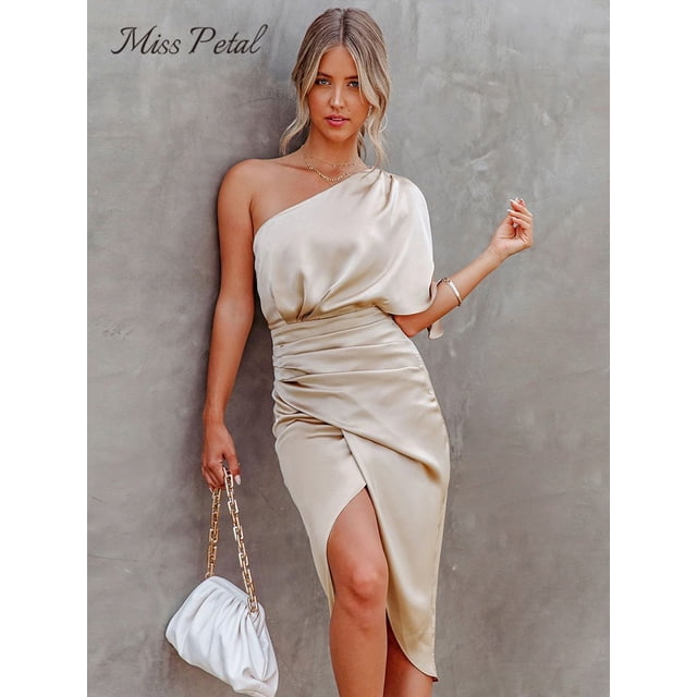 Satin One Shoulder Irregular Hem Midi Dress For Women Solid Champagne Sexy Fitted Club Party Bodycon Dress 2023 Summer SundressXL Gao Jinjia LED