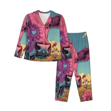 Goofa Pink Cow In Sunflower Field Printed Womens 2 Piece Pajama Set Super Pajamas Women s Long Sleeve Sleepwear Soft Button Down Loungewear Pjs Lounge Set Nightwear-Large