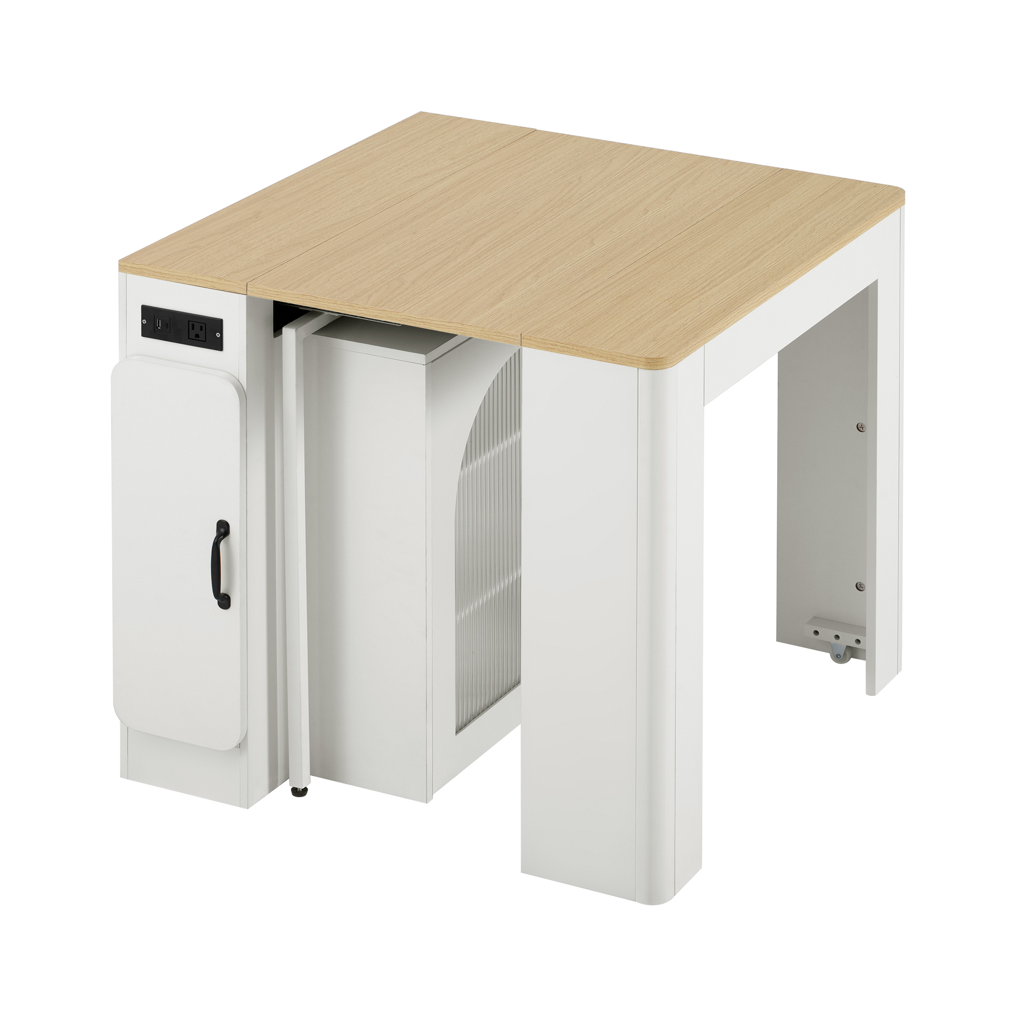 Euroco Extendable Dining Table with 3 Removable Middle Leaves for 4,Mobile Rolling Kitchen Table with Power Outlet and Side Storage Cabinet for Small Space,White