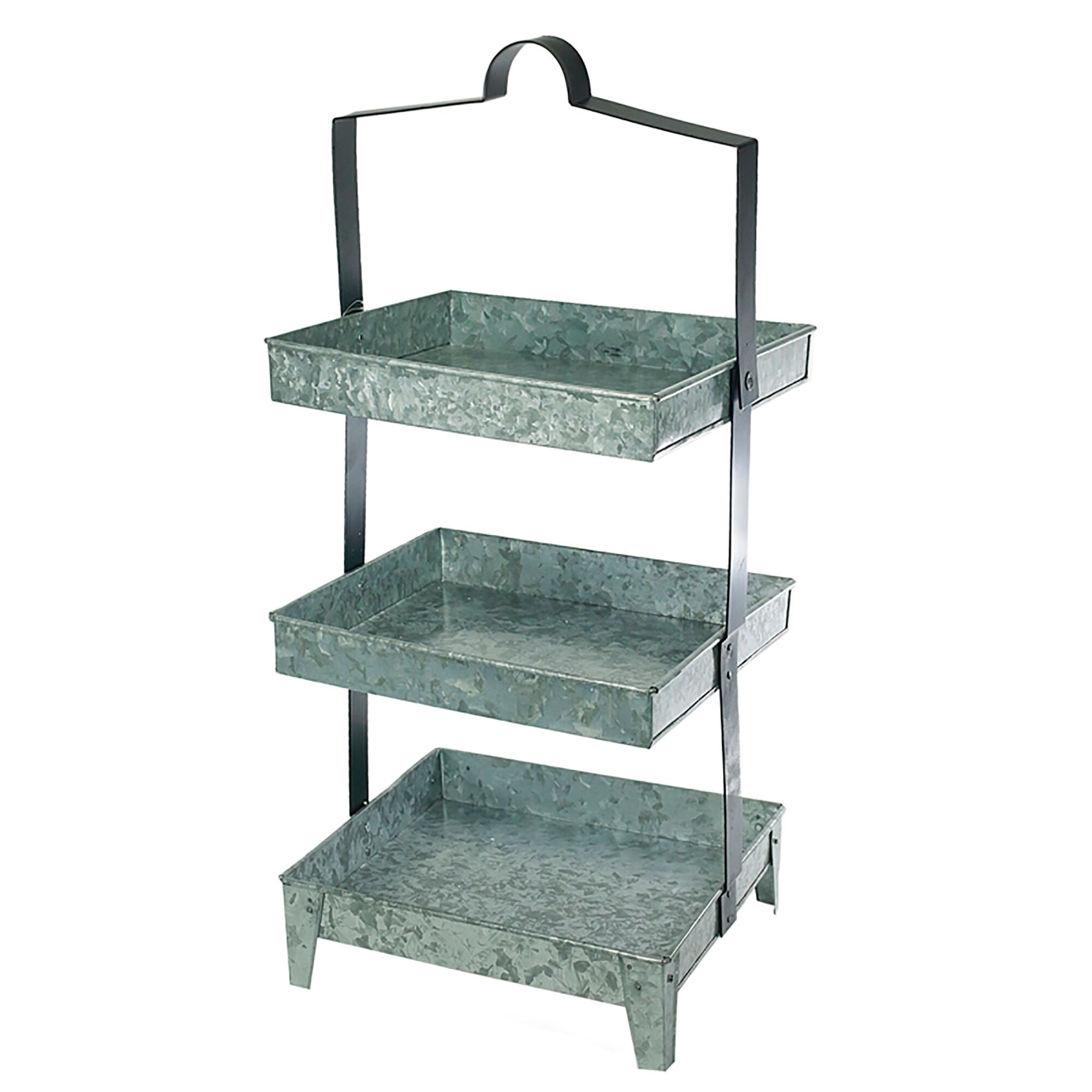 Galvanized 3 Tier Metal Tray Stand with Handle, Gray