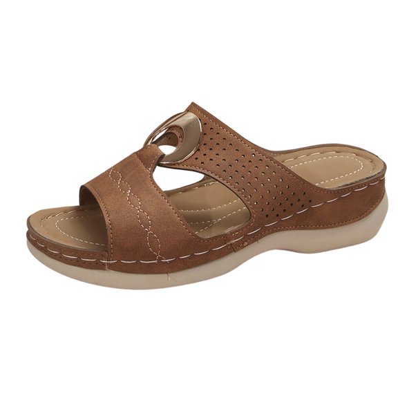KIJBLAE Women's Stitched Metal Buckle Wedge Flip Flops, Fashion Comfort Open Toe Casual Beach Summer Vacation Slippers Brown 36